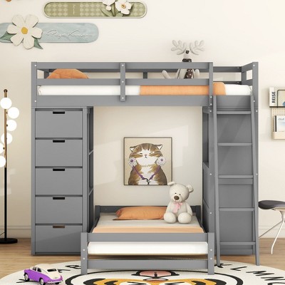 NicBex Twin over Twin Bunk Bed Loft Bed with Desk Wooden Bed Frame with Shelves, Drawers, Inclined Ladder and Guardrail, No Box Spring Required