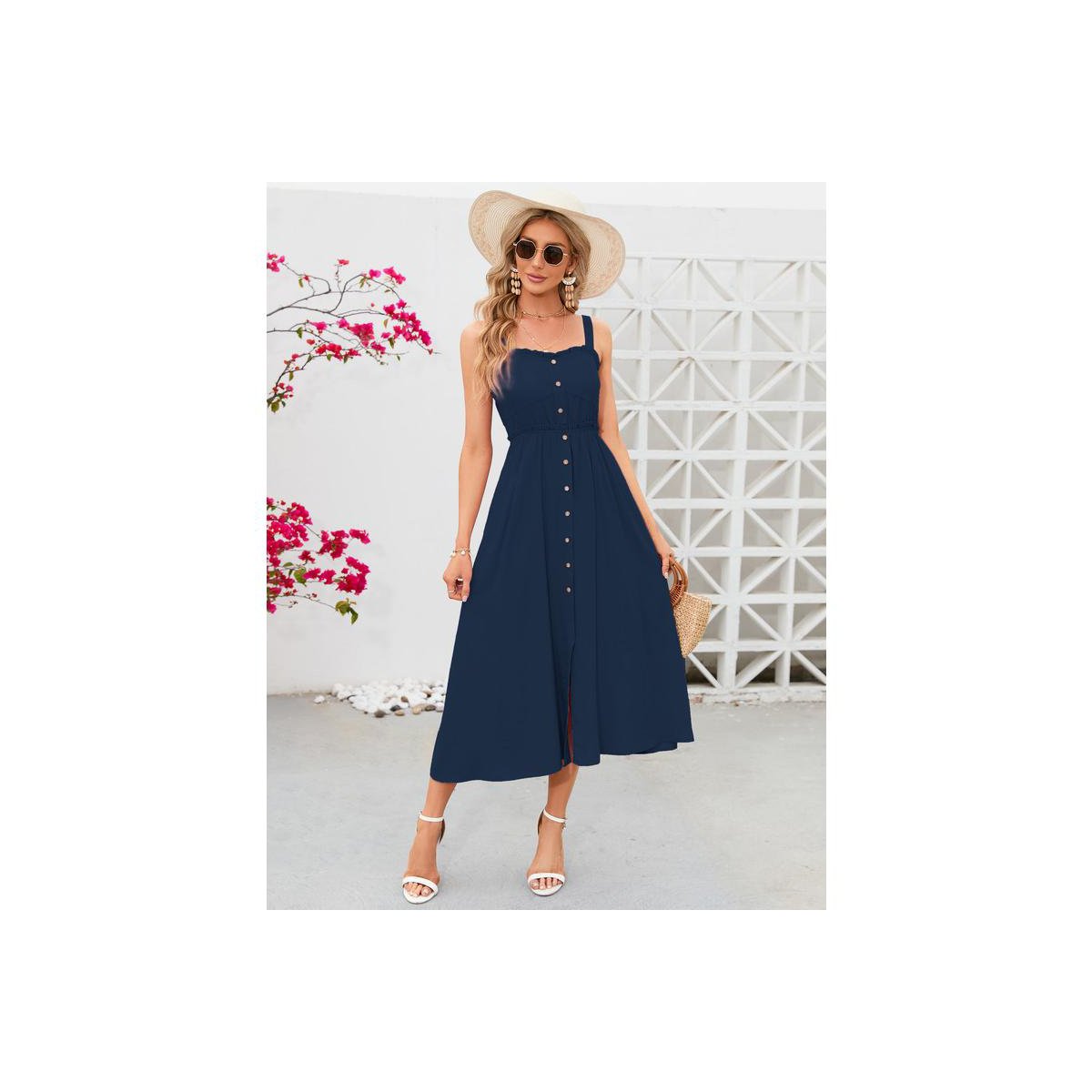 Женские платья Garvee Women's Dress Casual Summer Spaghetti Strap Dress Button Down Sleeveless A Line Beach Swing Midi Sundress Navy Blue Small — фото 5