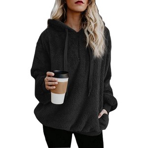 Women's Solid Color Long Sleeve Hooded Pullover Fleece Sweatshirt - 1 of 3