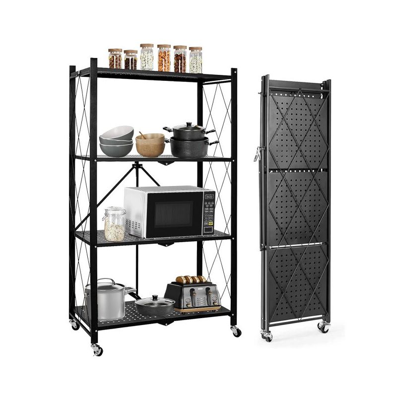 SUGIFT 4-Tier Storage Shelf Foldable Metal Shelving Units with Wheels, Black, 1 of 8