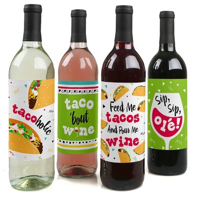 Big Dot of Happiness Taco 'Bout Fun - Mexican Fiesta Decorations for Women and Men - Wine Bottle Label Stickers - Set of 4