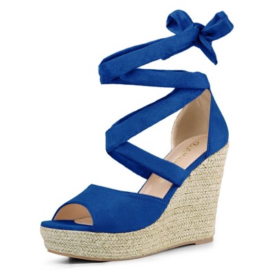 Women's Wedge Heel Navy Blue Peep Toe Platform Espadrille