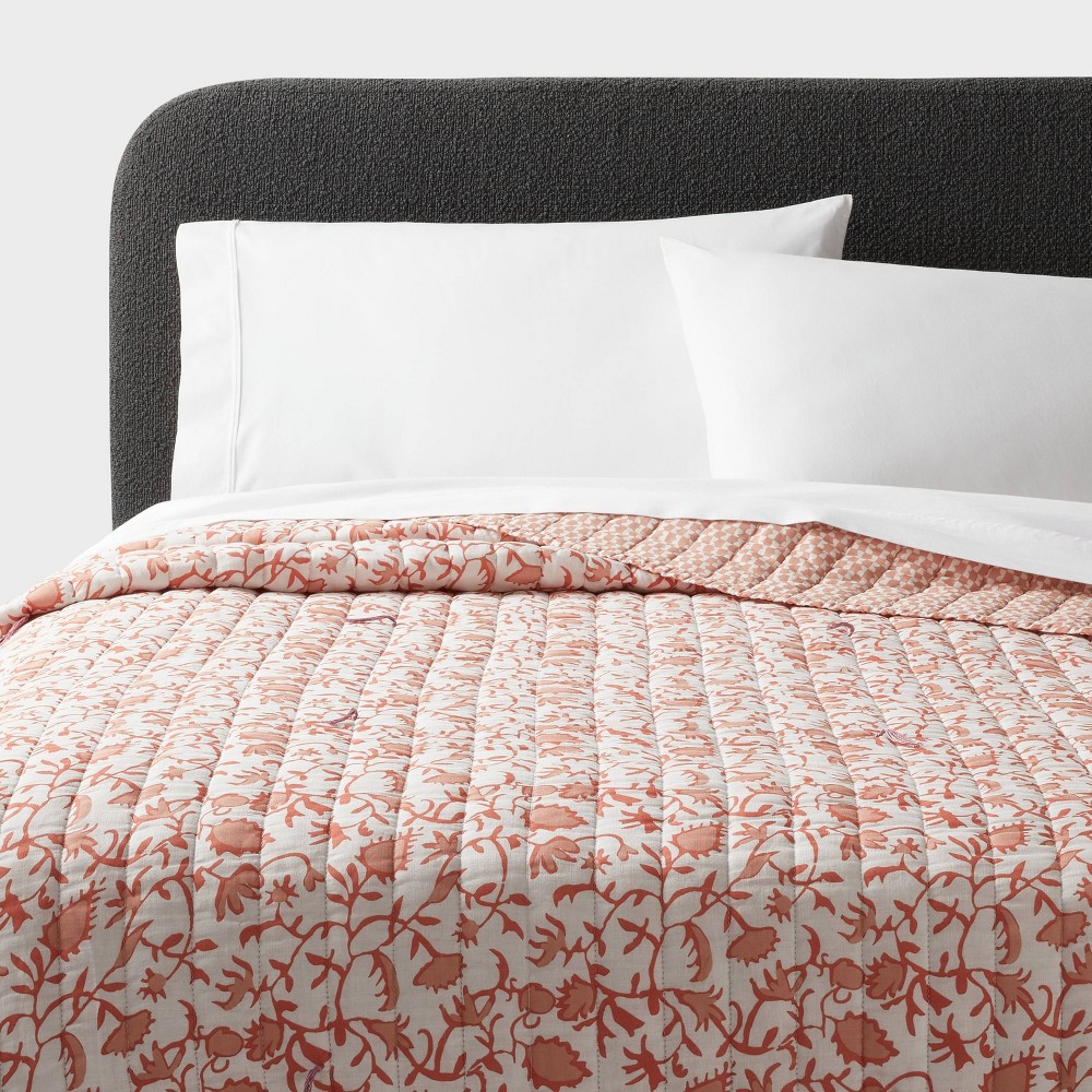 Photos - Bed Linen King Earthy Vines Quilt Ivory/Melon Pink - Threshold™