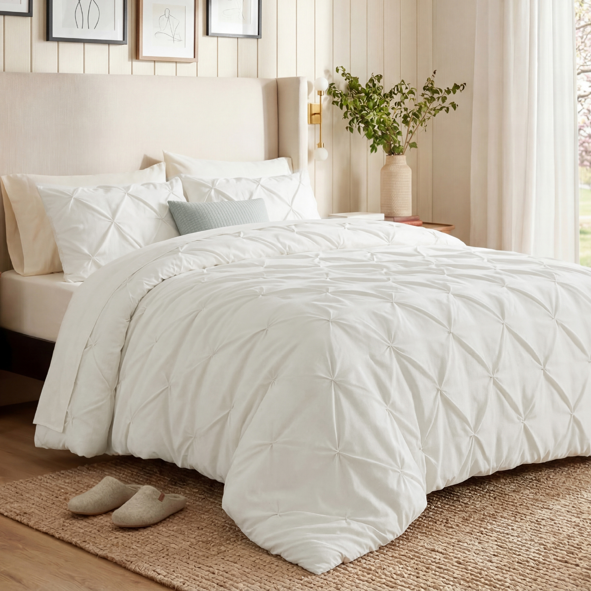 Bedsure Bed in a Bag Comforter Set with Sheets, 7pcs Solid Diamond Pintuck All-Season Bedding, Ivory Pinch Pleat Queen Bedding Set, Gift for Family