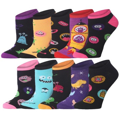 Tipi Toe Womens 10 Pairs Playful Monster Pattern & Mix Colors For Vibrant Style Low Cut/No Show Socks