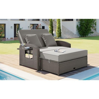 Okak PE Wicker 2-Person Chaise Lounge Outdoor with Adjustable Backrest,Free Waterproof Cover,Patio Lounge Chairs for Poolside,Garden,Backyard