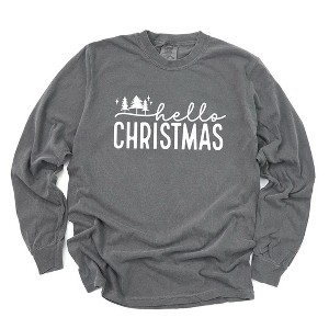 Simply Sage Market Women's Hello Christmas Trees Long Sleeve Garment Dyed Tee - 1 of 4