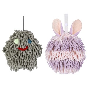 REGALWOVEN 2 Packs Fluffy Chenille Rabbit Shape Cute Soft Absorbent Hanging Ball Hand Towels 7" x 7" - 1 of 4
