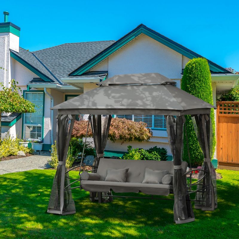 Outsunny 3 Person Patio Swing Chair, Gazebo Swing with Double Tier Canopy, Cushioned Seat, Mesh Sidewalls, 2 of 9