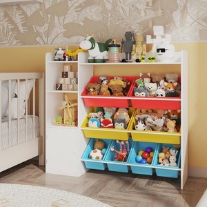 Kids Wooden Toy Organizer, Children Toy Storage Shelf with 8 Bins and 3 Shelves, Kid Bookshelf Playroom Organization Bookcase for Storing Toys, Books - 1 of 4
