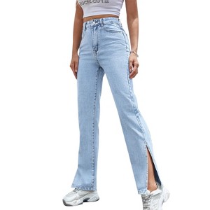 Coolmee Womens Straight Leg Jeans Slit Hem High Waisted Stretch Relaxed Fit Bootcut Jeans with Pockets - 1 of 4