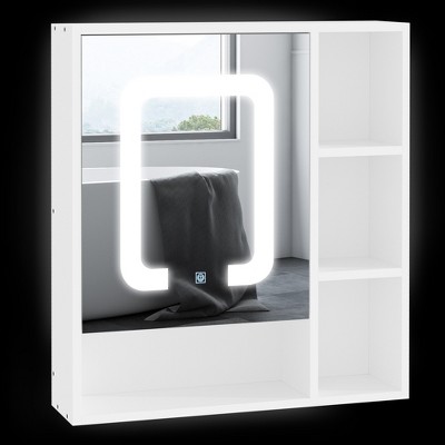 kleankin LED Light Medicine Cabinet with Mirror Door, Wall-Mounted Bathroom Vanity Organizer with Dimmer Touch Switch, and USB Charge, White