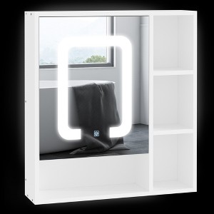 kleankin LED Light Medicine Cabinet with Mirror Door, Wall-Mounted Bathroom Vanity Organizer with Dimmer Touch Switch, and USB Charge, White - 1 of 4