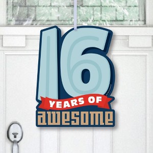Big Dot of Happiness Boy 16th Birthday - Hanging Porch Sweet Sixteen Birthday Party Outdoor Decorations - Front Door Decor - 1 Piece Sign - 1 of 4