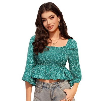 WhizMax Women Top Casual 3/4 Sleeve Floral Blouse Shirts Shoulder Tops Square Neck Floral Boho Smocked Blouses shirt