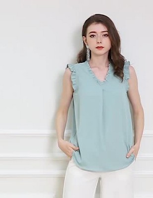売れ筋商品|||イザックミズラヒ カットソー トップス レディース Women's Sleeveless Ruffle Blouse White black INSPIRE CHIC Women's Ruffled Sleeveless Work Business