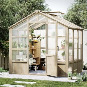 8x6FT Wooden Greenhouse,Greenhouses for Outdoors with Lockable Door,Wood Frame & Adjustable Vent,Heavy Duty Greenhouse with Polycarbonate Panel - 1 of 4