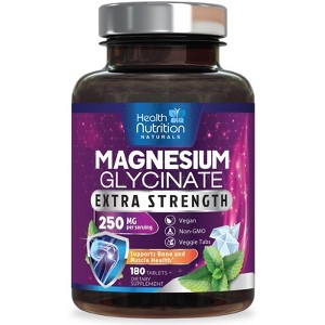 Magnesium Glycinate 250 mg - Chelated Tablets Muscle, Nerve, Bone, Heart Health, 100% Chelated - 180 Tablets By Health Nutrition Naturals - 1 of 4