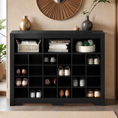 Sleek Design 24 Shoe Cubby Console, Modern Shoe Cabinet with Curved Base, Versatile Sideboard with High-quality - Leovsnove