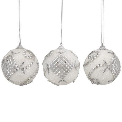 Northlight 3ct White and Silver Beaded Swirl Shatterproof Christmas Ball Ornaments 3" (75mm)