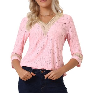 Allegra K Women's V Neck Contrast Color Lace Trim Boho Top - 1 of 4