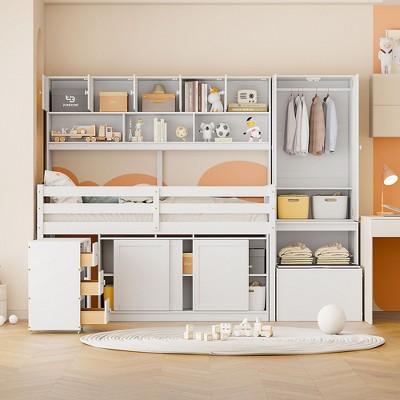 Twin Size Wooden Loft Bed with Drawers and Shelves