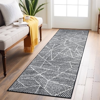 Black and Gray Geometric Synthetic Runner Rug 2'x7'