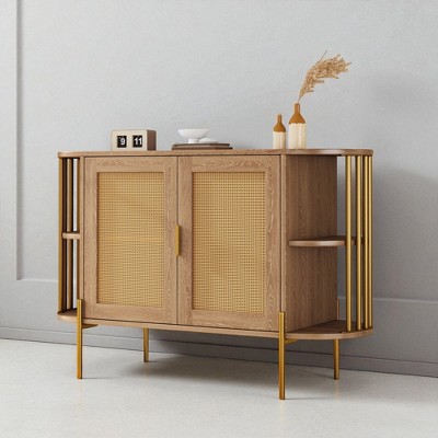 2-Door Curved Sideboard Buffet Cabinet with Gold Trim and Woven Rattan Doors, Storage Cabinet with Adjustable Shelf and Open Display Shelves