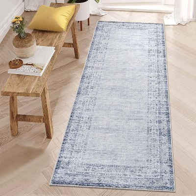 Washable Vintage Border Runner Rug Non-Slip Low Pile Stain-Resistant Boho Throw Carpet for Kitchen Hallway Living Room Bedroom.