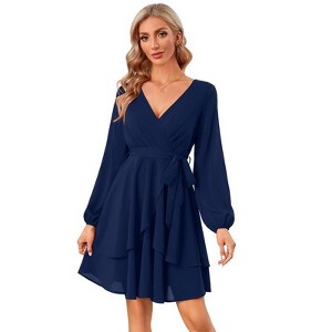 Coolmee Women's Dress Deep V-Neck Long Sleeve Waist Tie Ruffle Mini Swing Skater Dresses - 1 of 4