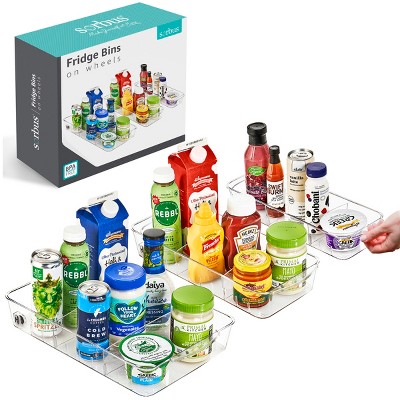 Sorbus Flat Clear Organizing Bins on Wheels with Dividers - for Kitchen, Cabinet Organizer, Pantry & Refrigerator