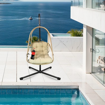 BEAFUP Swing Egg Chair with Stand, Wicker Rattan Patio Folding Basket Chair with C Type Bracket , with Cushion and Pillow