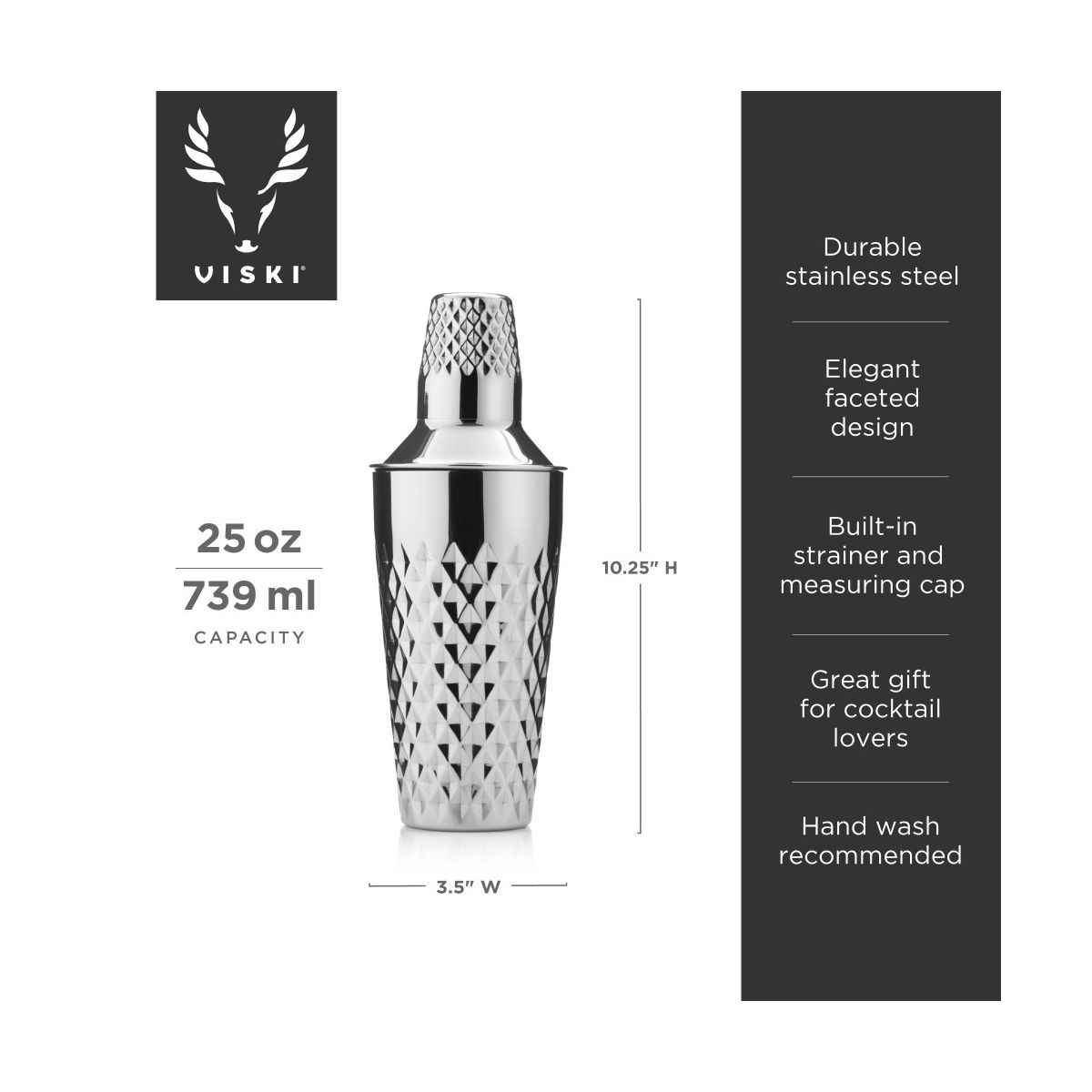 Viski Diamond Cocktail Shaker, Faceted Stainless Steel Drink Shaker for Margarita, Espresso Martini, Home Bar Essentials, Party Hosting Gifts, 25 oz - thumbnail 3