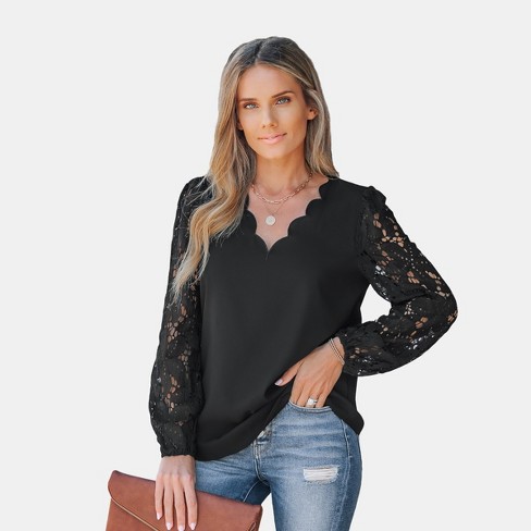 Women\'s Floral Lace Scalloped V Neck Top - Cupshe-xs-black : Target