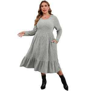 Plus Size Women's Ribbed Knit Maxi Dress - High Waist, Side Pockets, Round Neck Long Ankle-Length Dress - 1 of 4