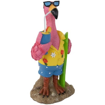 Tropical Pink Flamingo Garden Statue with Surfboard and Drink