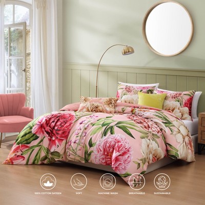 Queen Pink Cotton Reversible Floral Comforter Set