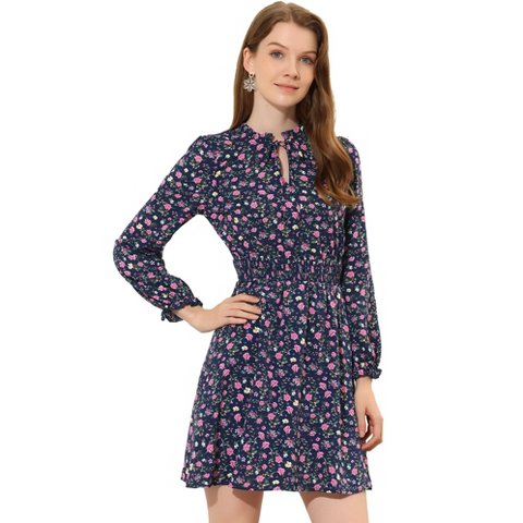 Женские платья INSPIRE CHIC Women's Smocked Waist Tie Neck Floral Long Sleeve Dress Medium Dark Blue