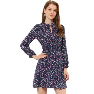INSPIRE CHIC Women's Smocked Waist Tie Neck Floral Long Sleeve Dress - 1 of 4