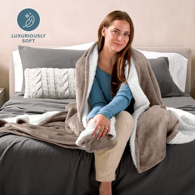 Taupe Reversible Sherpa Fleece Throw Blanket