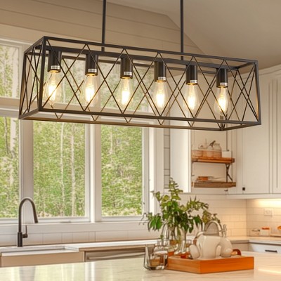 DORESshop 6-Light Black Industrial Island Chandelier with Iron Frame Shade Pendant Hanging Light Fixture for Kitchen,Dining Room
