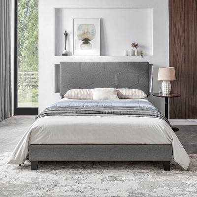 Queen Size Upholstered Platform Bed with Wood Slat Support