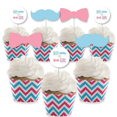 Big Dot of Happiness Chevron Gender Reveal - Cupcake Decoration - Gender Reveal Cupcake Wrappers and Treat Picks Kit - Set of 24