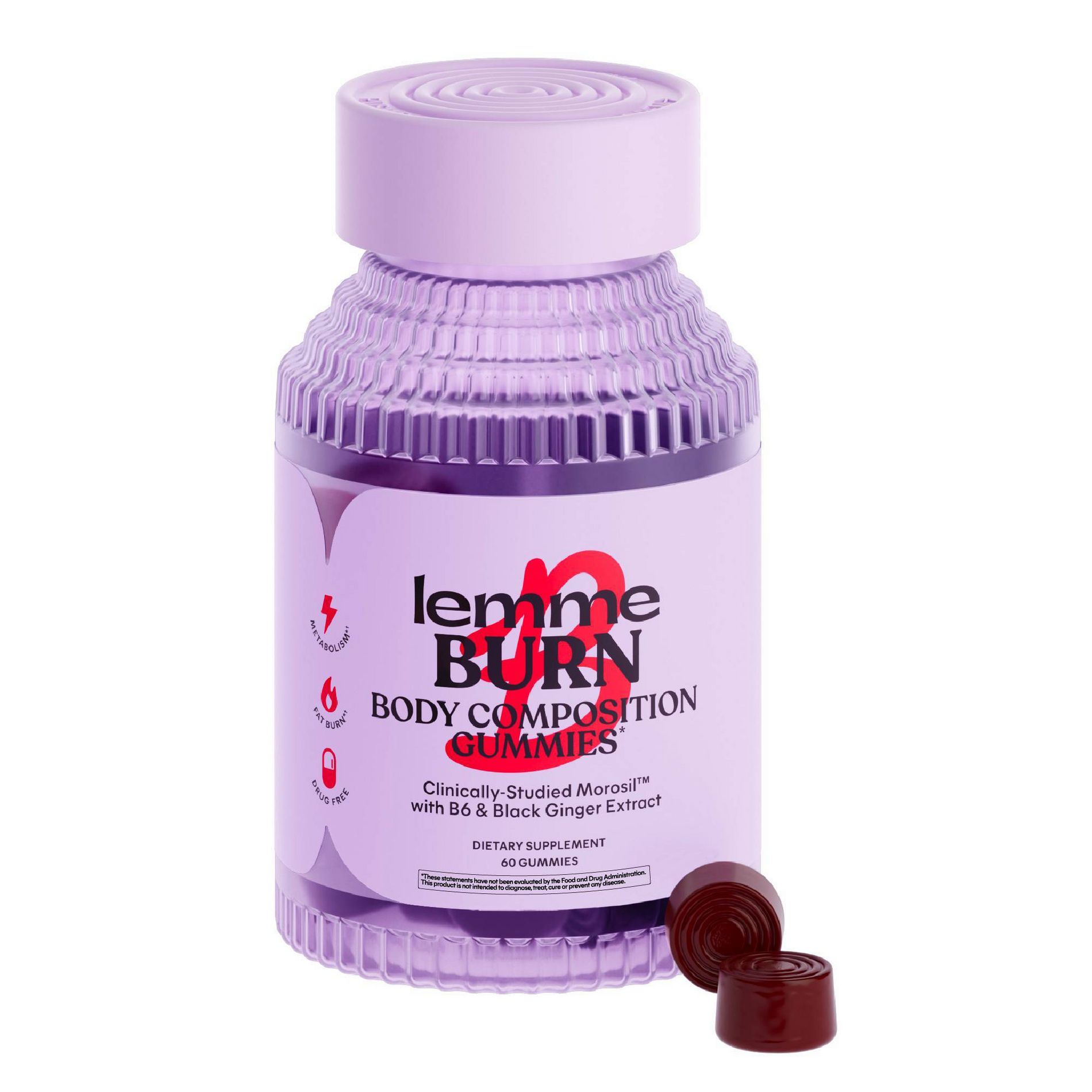 Lemme Burn Gummies - Metabolism & Belly Fat Support - Morosil, Black Ginger, B12 & Chromium - 60ct