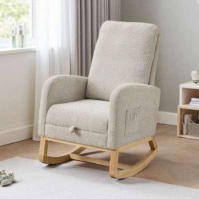 25.4" Boucle Rocking Chair with Retractable Footrest and Side Pocket