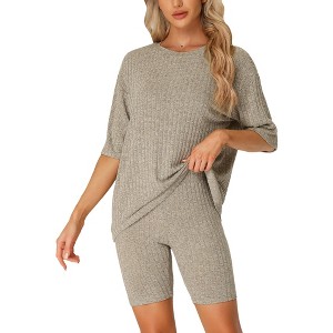 cheibear Women's Tracksuit Short Sleeves Top with Shorts Ribbed Knit Soft Pajama Sets - 1 of 4