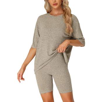 cheibear Women's Ribbed Knit Soft Tracksuit Short Sleeves Sleepwear Set with Shorts
