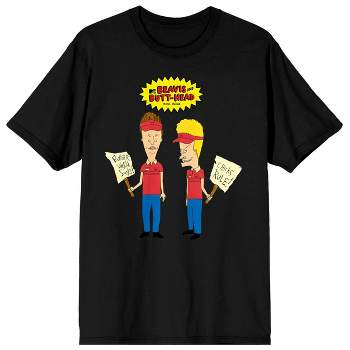Beavis & Butthead Characters With Picket Signs Crew Neck Short Sleeve Women's Black T-shirt