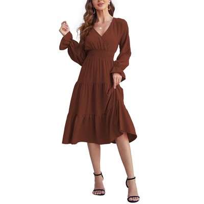 BLUEMING Womens V Neck Long Sleeve Peasant Dress Poet Sleeve Dress Surplice Shirred Waist Tiered Womens Fall Fashion, Brown - S
