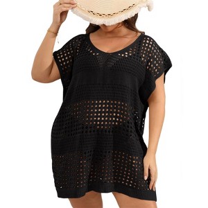Women's Plus Size Suimsuit Cover Up Short Sleeve Hollow Out Swimwear Bathing Suit - 1 of 3